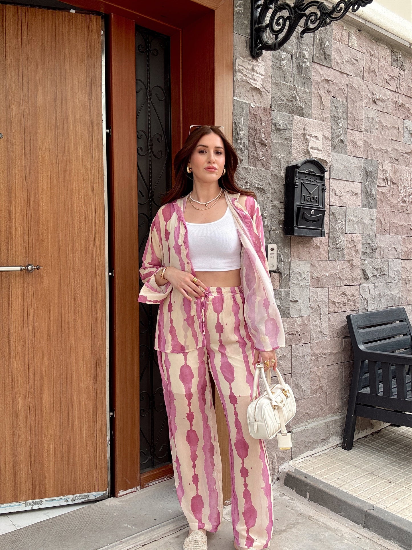 Desenli şifon içi astarlı ikili takım PEMBE