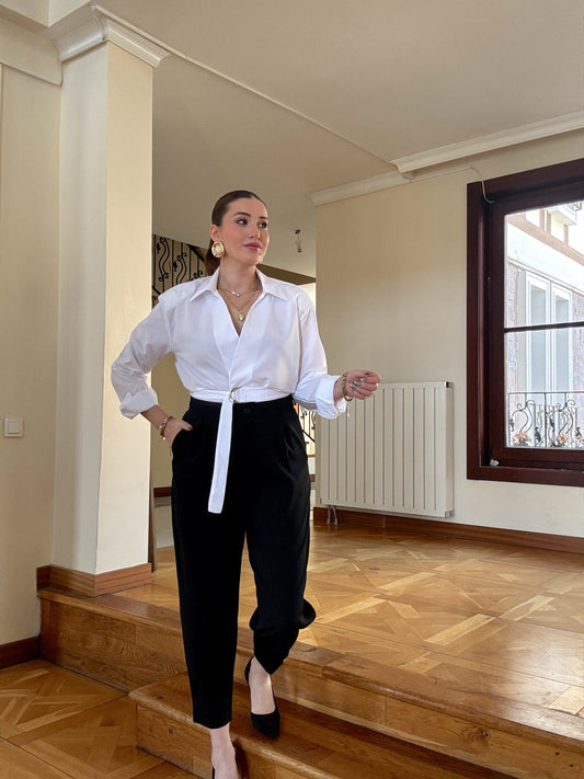 Paça dikişli yüksek bel şalvar pantolon SİYAH