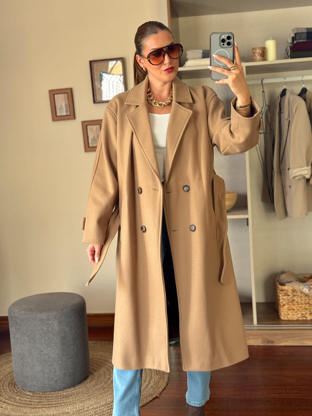 Kolu Apoletli Kaşe Uzun Kaban Camel