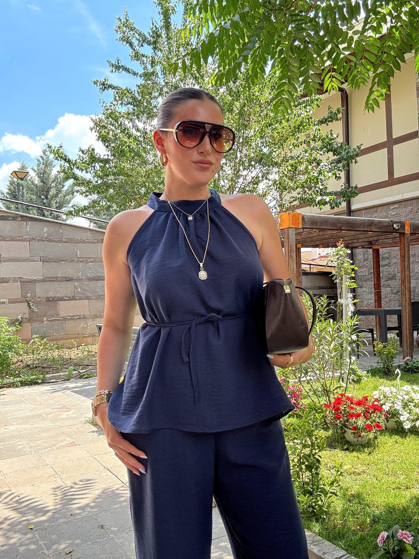 Boyun detaylı keten takım Lacivert