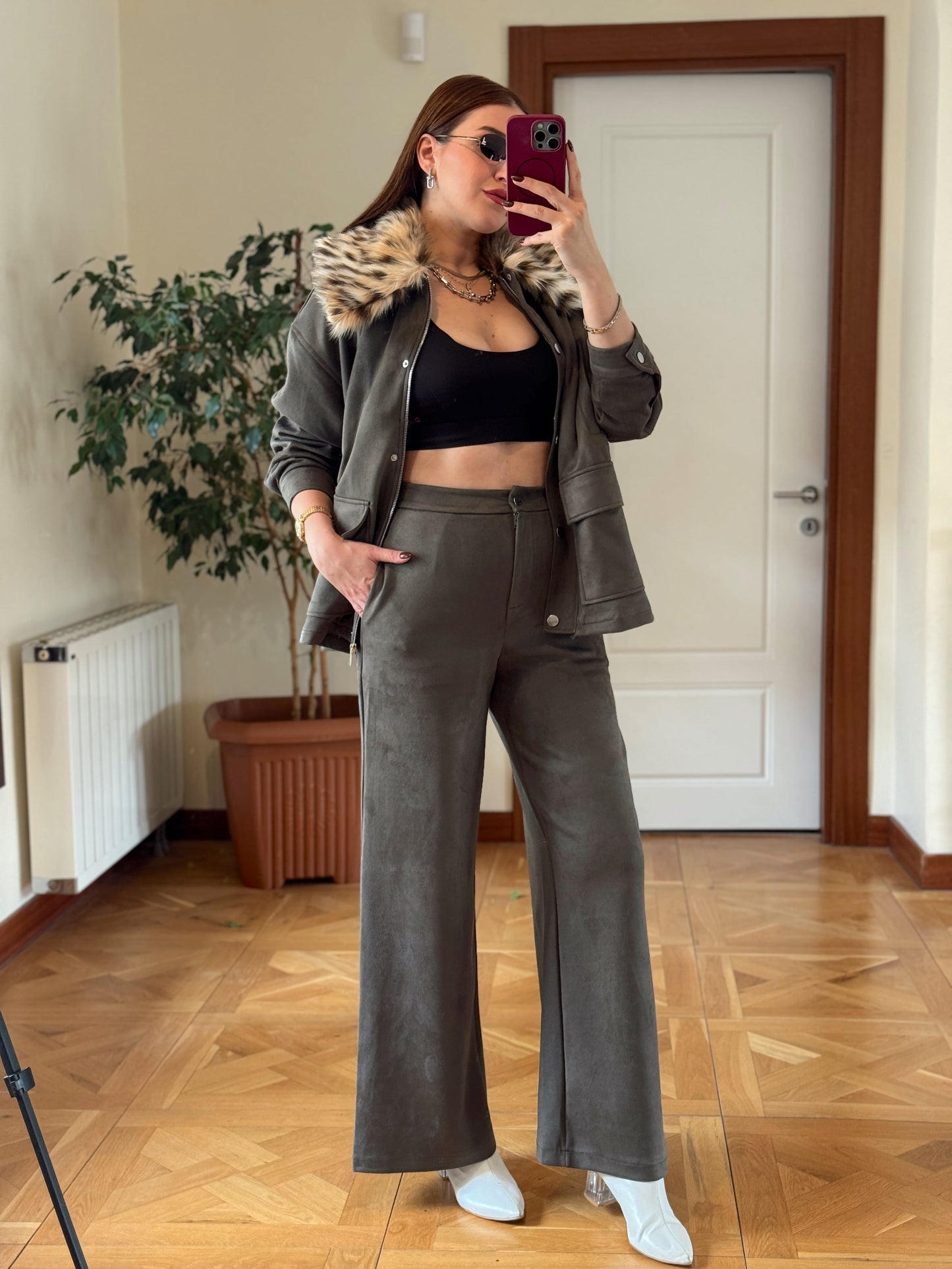 LEOPAR yaka süet ikili takım HAKİ