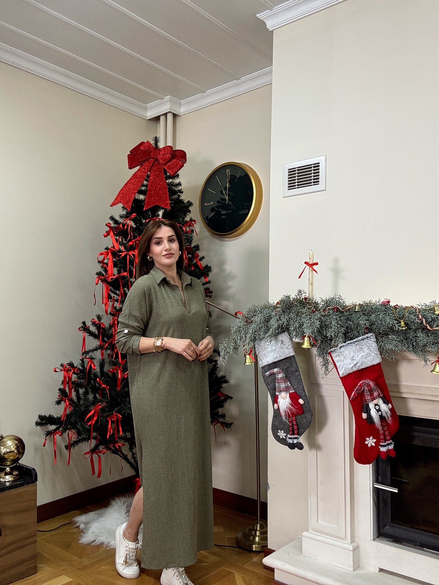 Polo yaka çift yıtmaç elbise-HAKİ