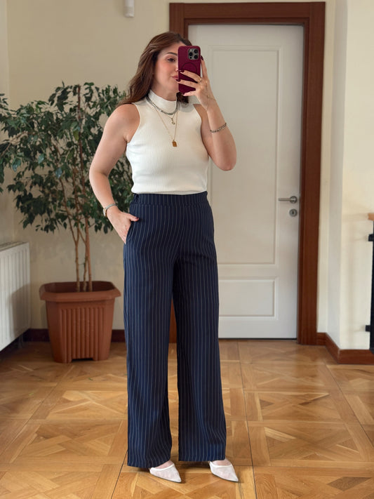 Beli lastikli çizgili pantolon-LACİVERT