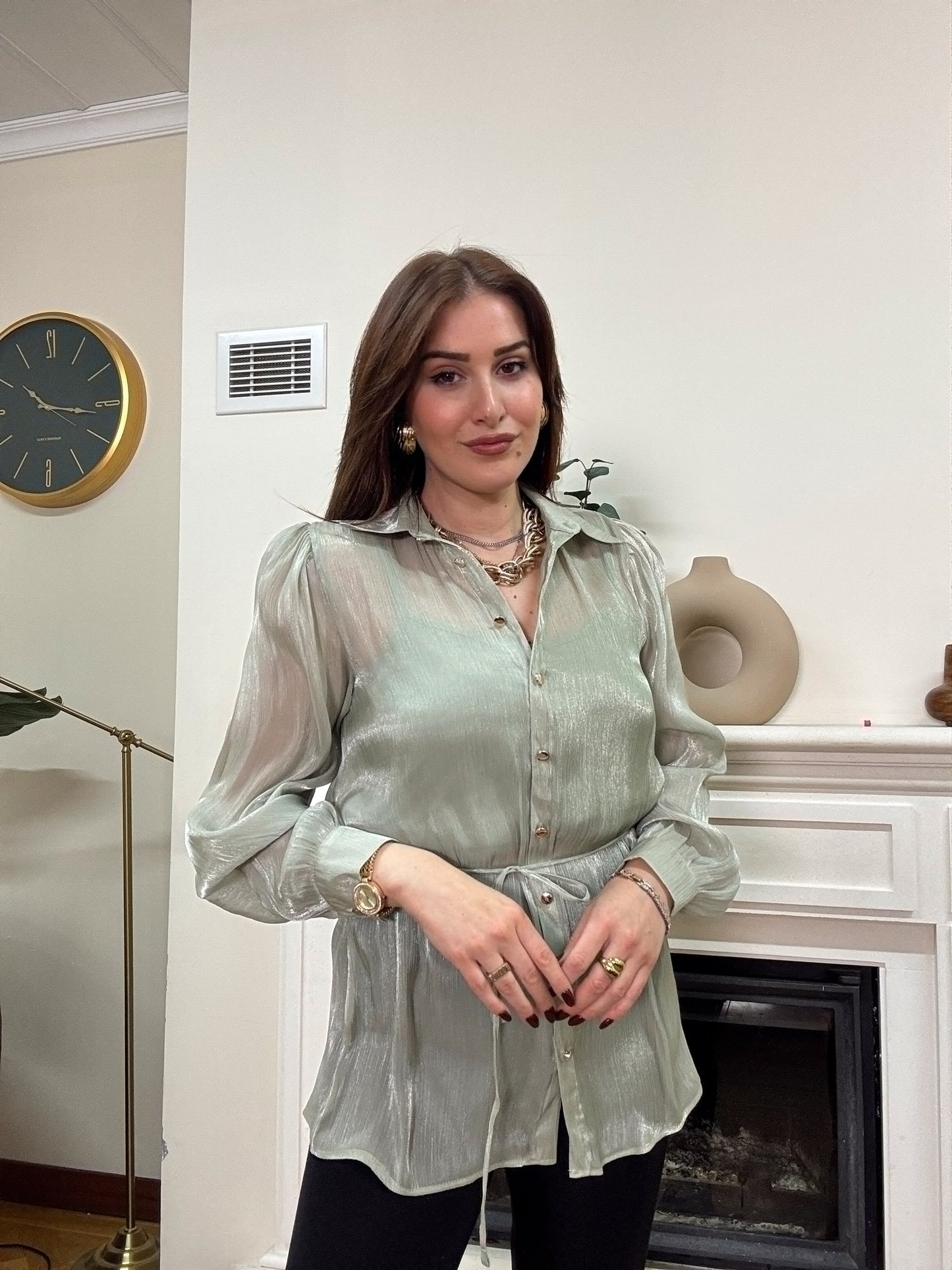 Transparan içi atletli kemerli gömlek mint yeşili