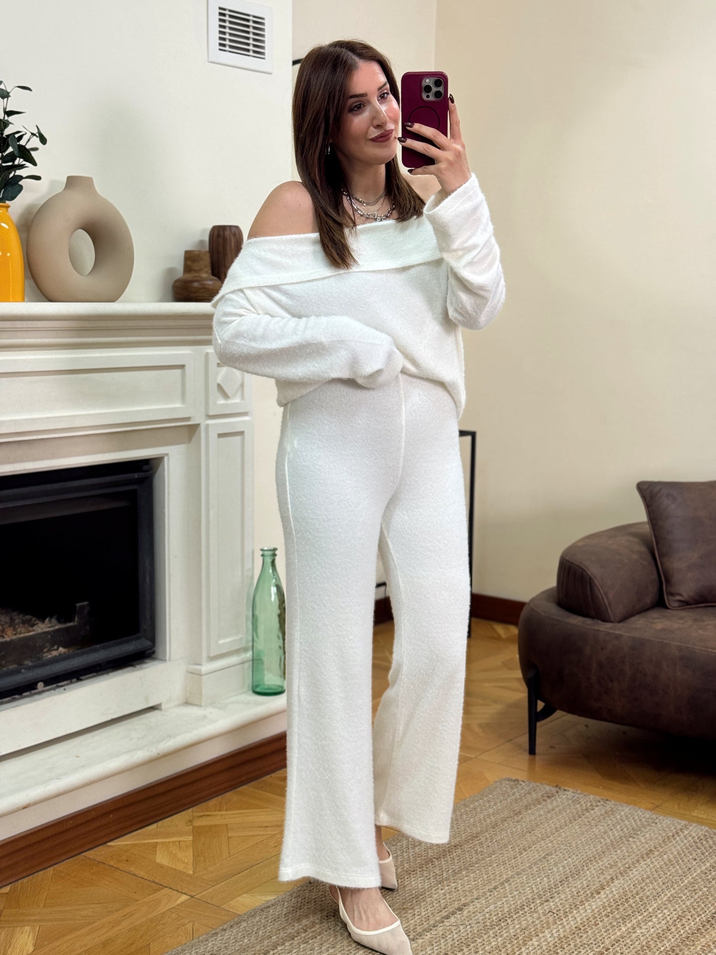 Yumoş madonna yaka pantolon takım-BEYAZ