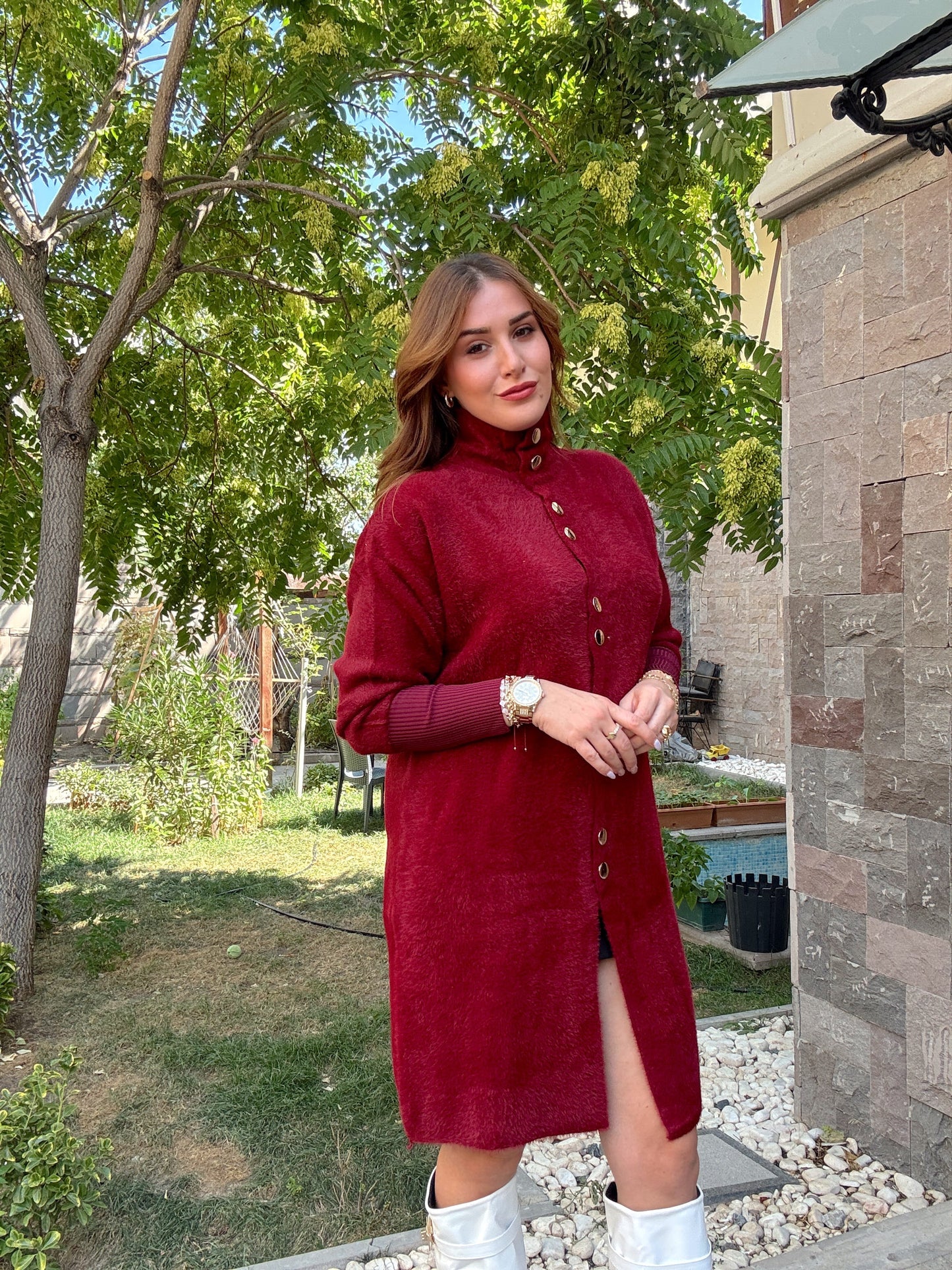 Sakal kumaş düğmeli premium hırka Bordo