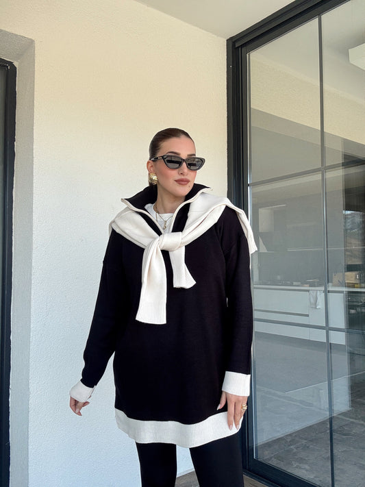 Yaka Renkli Fermuarlı Triko Kazak - SİYAH