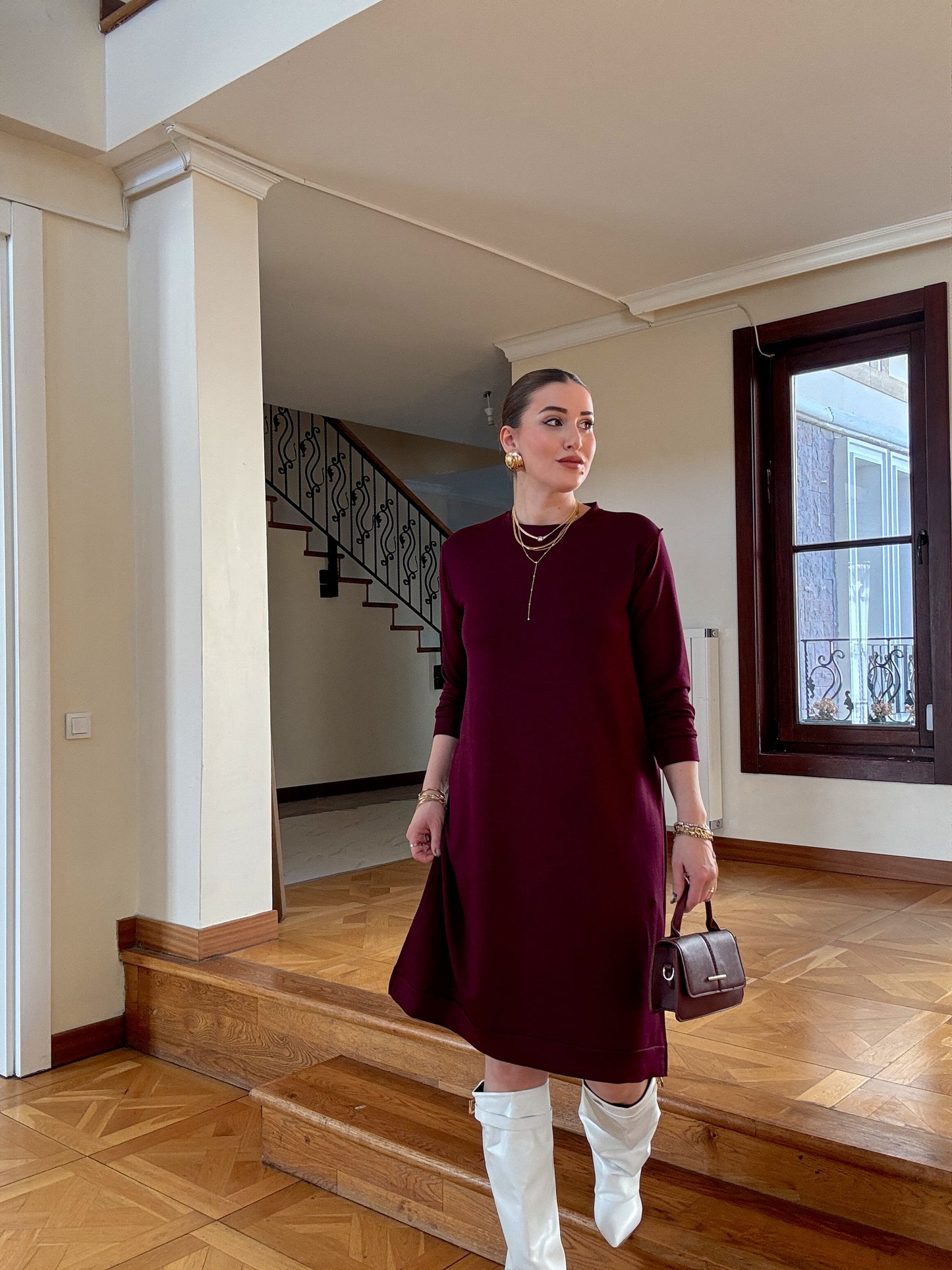 Uzun kol basic elbise Mürdüm