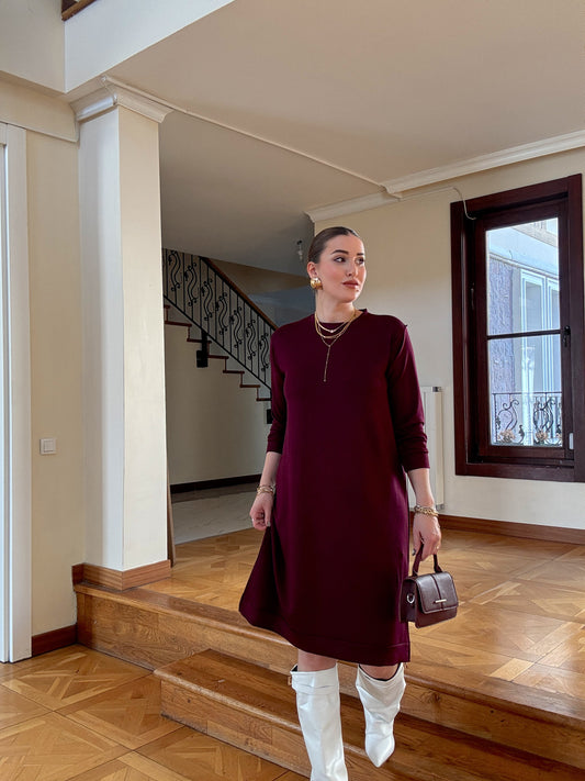 Uzun kol basic elbise Mürdüm