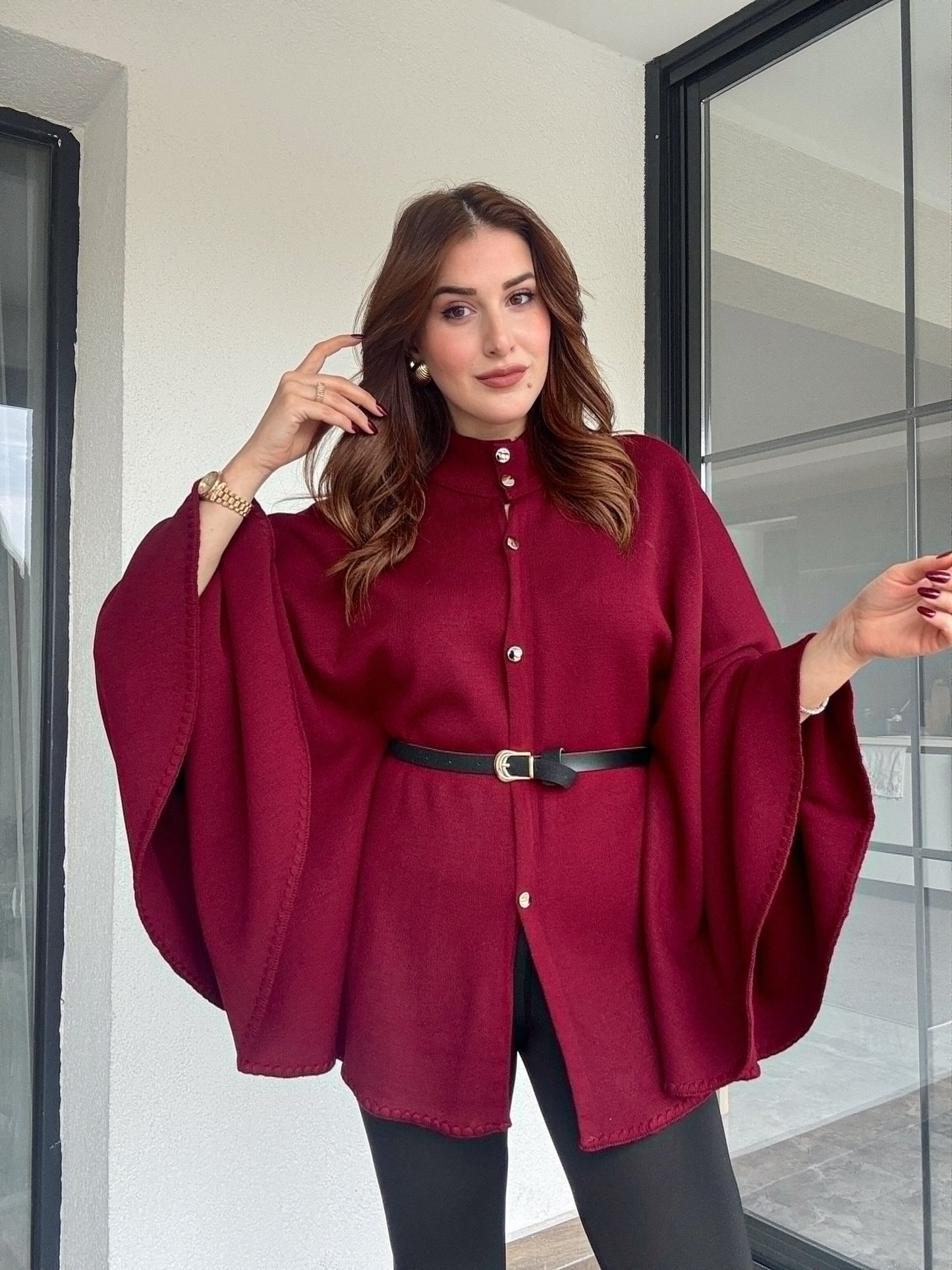 Kemerli düğmeli panço-BORDO
