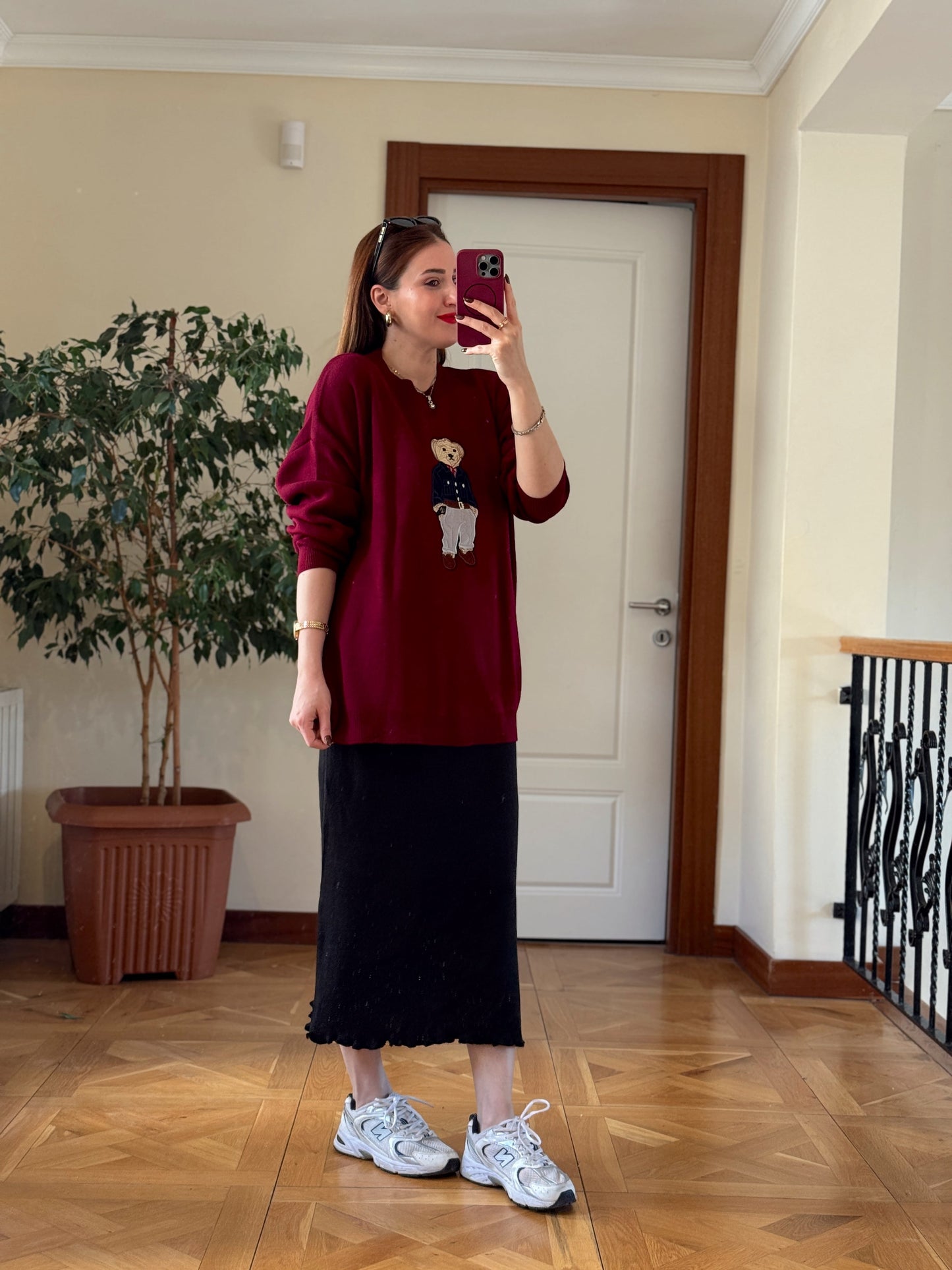 Oversize Ayıcık İşlemeli Kazak BORDO