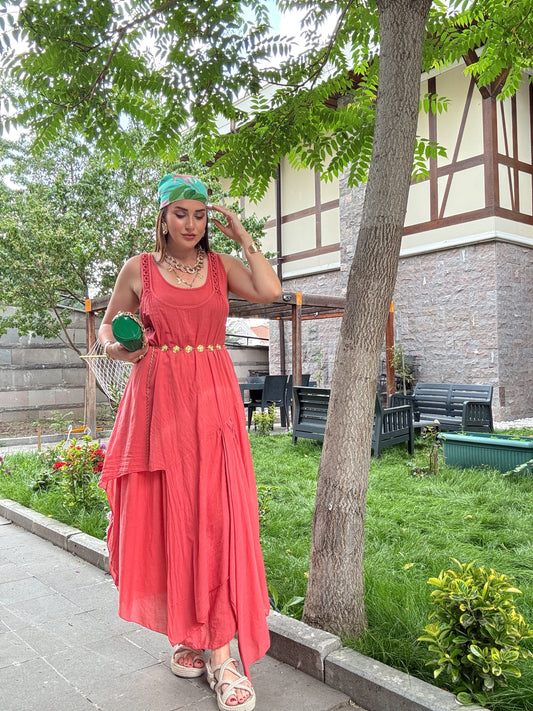 Askı Halka işlemeli Uzun Elbise nar çiçeği
