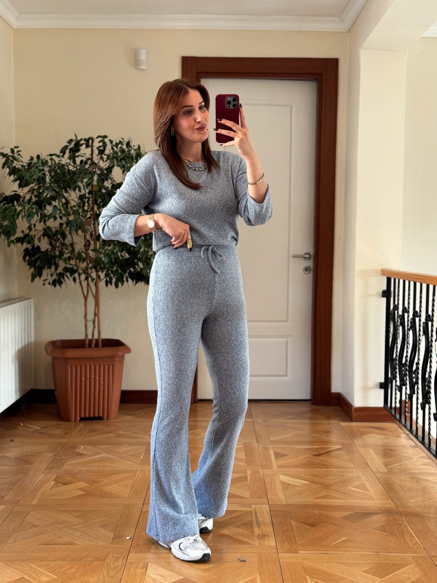 Fitilli bisiklet yaka crop bol paça pantolon takım-MAVİ