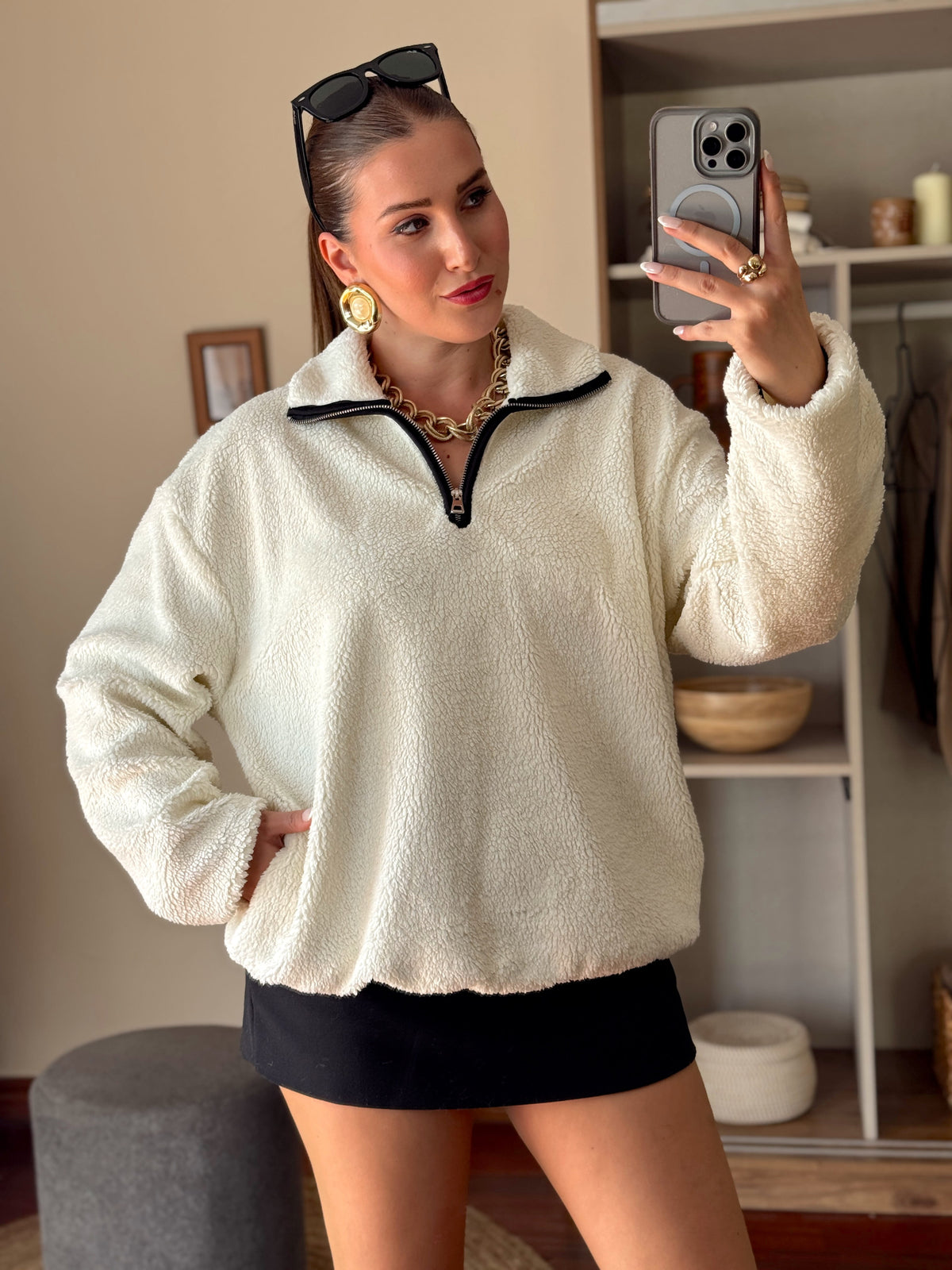Fermuarlı Polat sweatshirt Beyaz