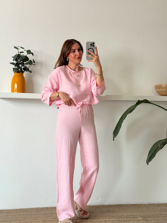Keten uzun kol crop pantolon ikili takım PEMBE