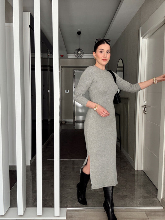 Bisiklet Yaka Yırtmaçlı Elbise - GRİ