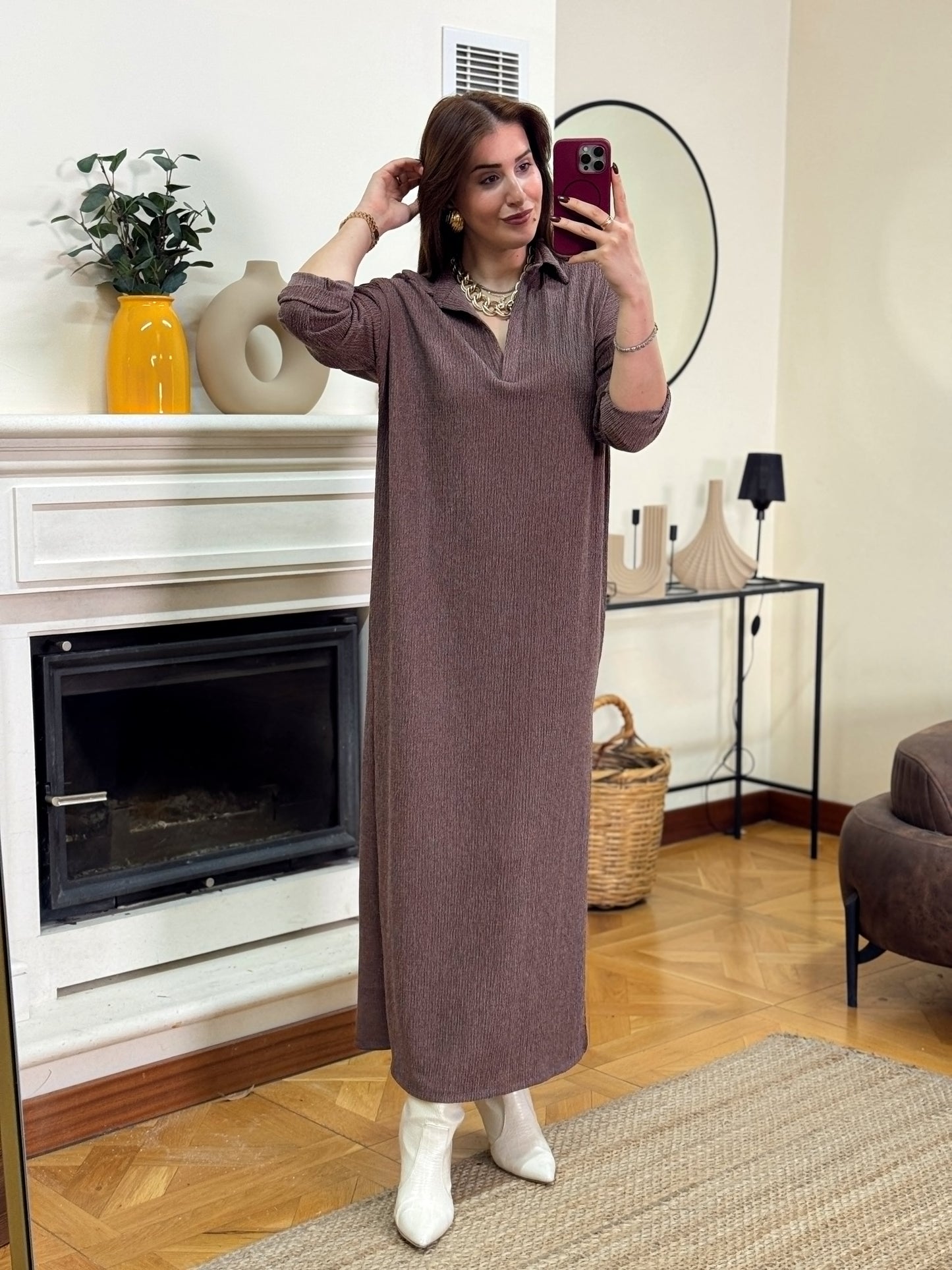 Polo yaka çift yıtmaç elbise-KAHVERENGİ