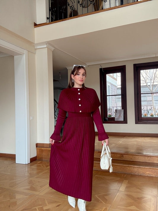 Gold düğme detaylı elbise pelerinli takım-BORDO
