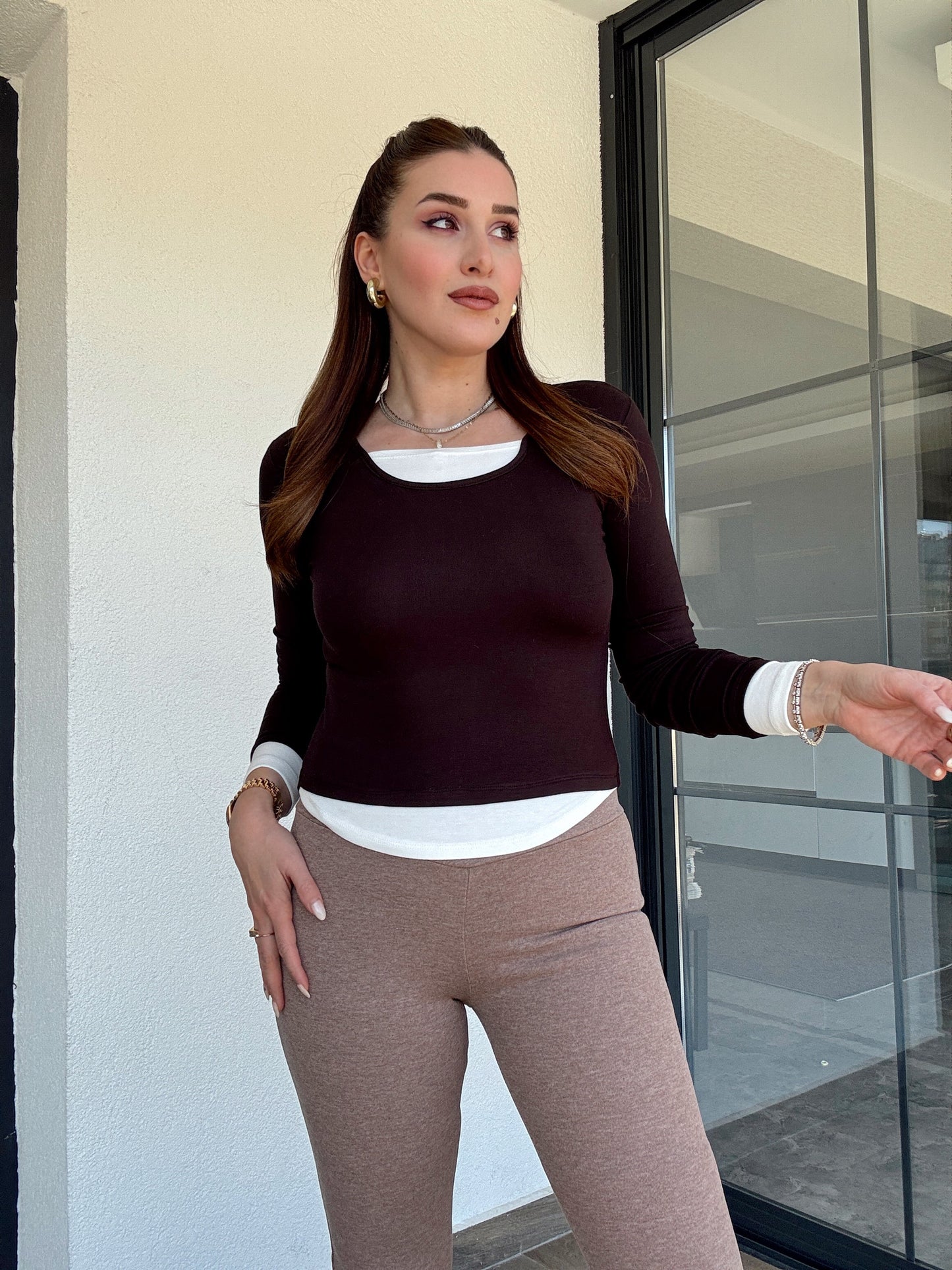 Buzi havuz yaka garnili bluz KAHVERENGİ