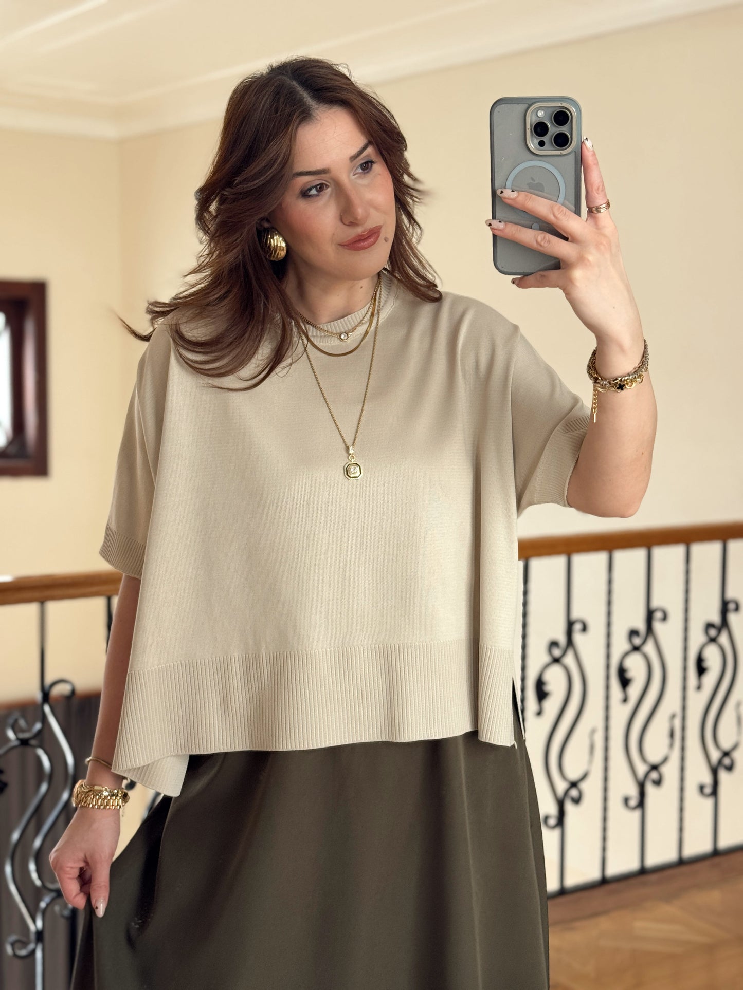 Kısa Kollu Oversize Triko Kazak-BEJ