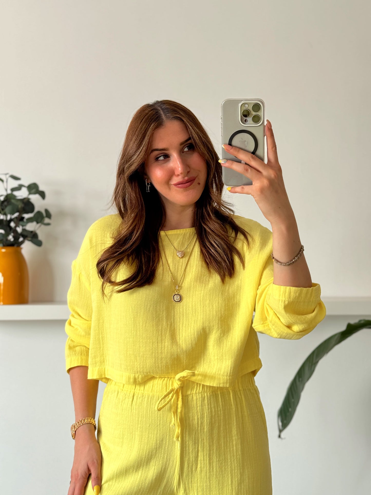 Keten uzun kol crop pantolon ikili takım SARI