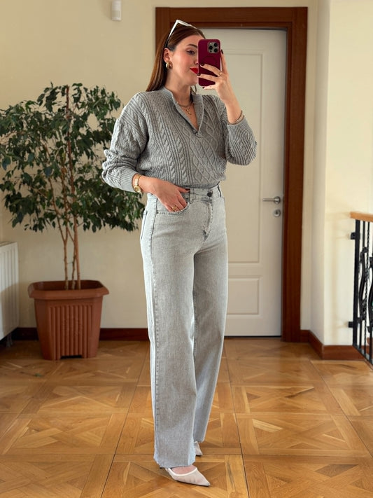 Palazzo kesik paça jean pantolon-GRİ