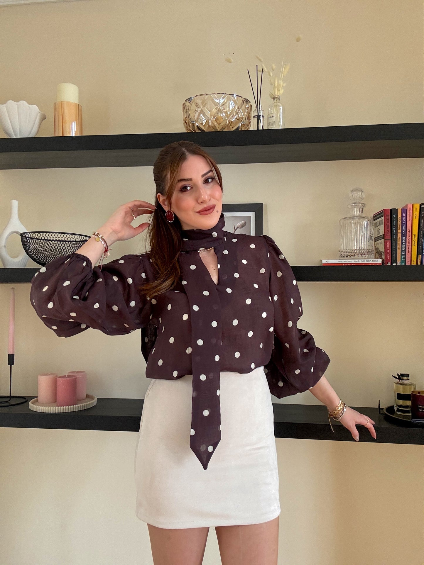 Puantiye desenli viskon gömlek Kahve