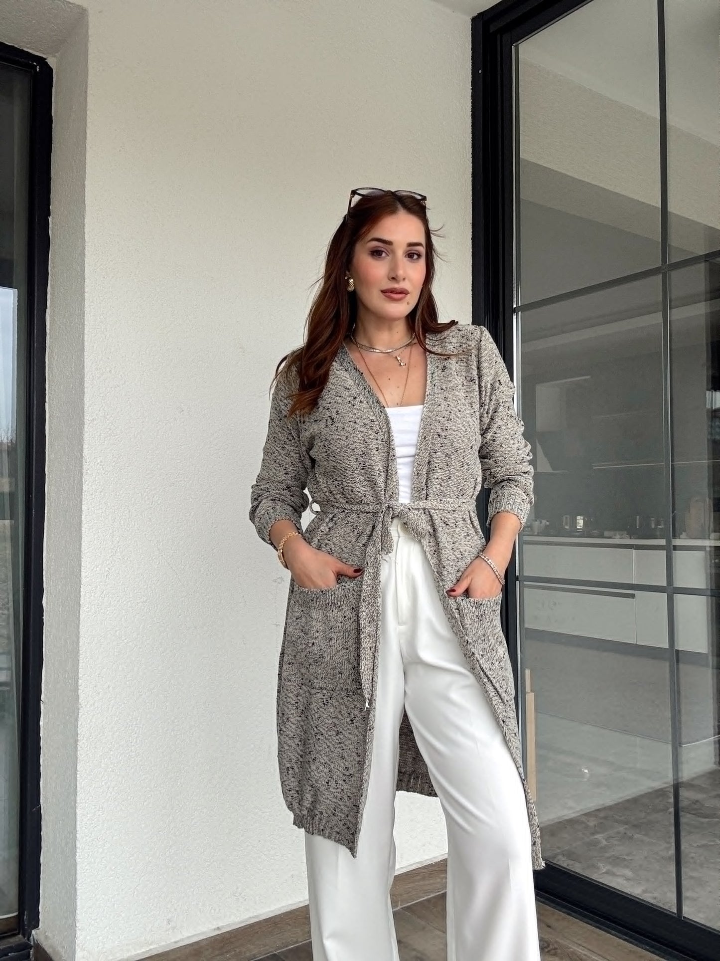 Bel kemer detaylı karışımlı ceket-TAŞ