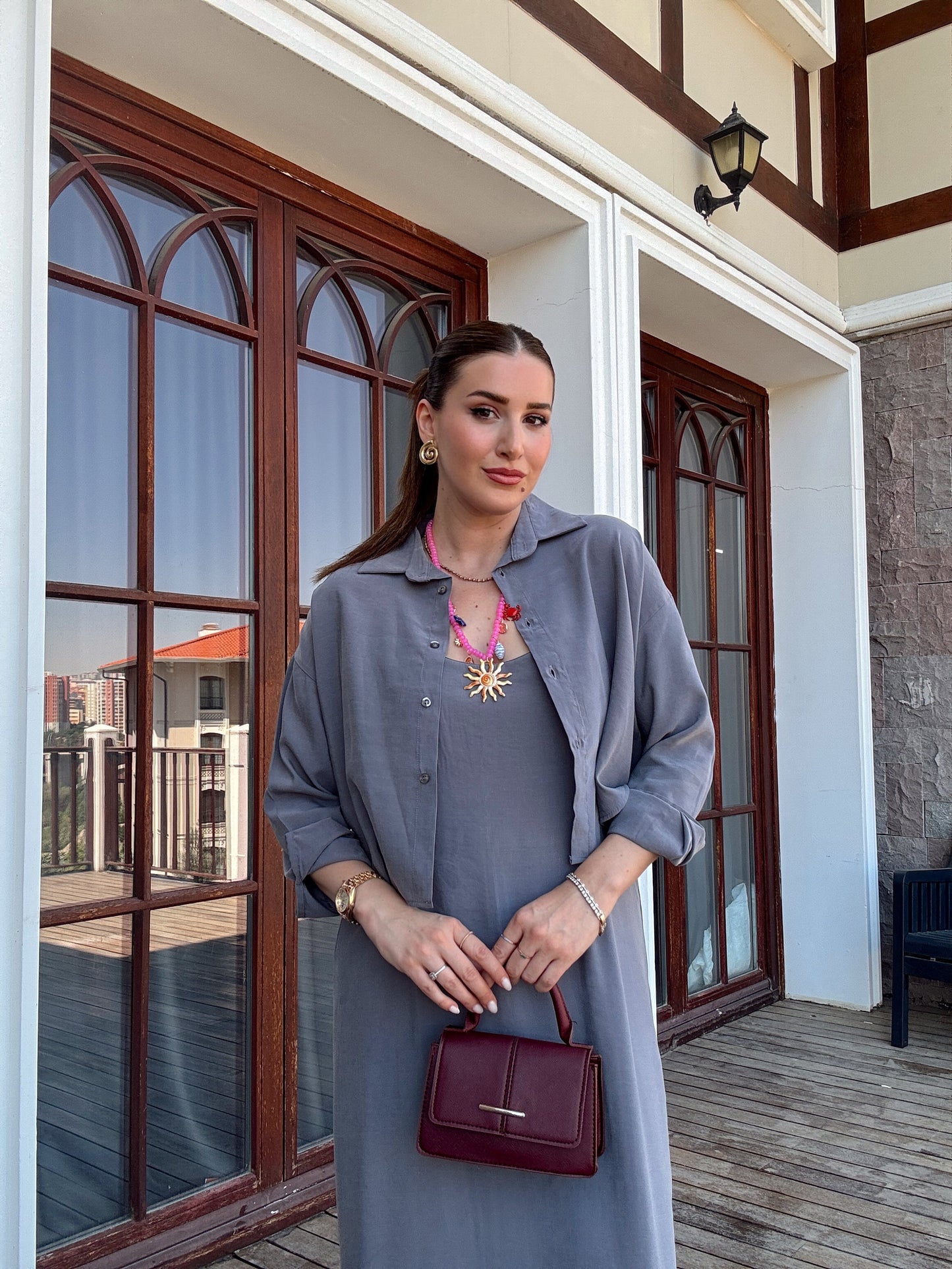LİZBON gömlek elbiseli ikili takım GRİ