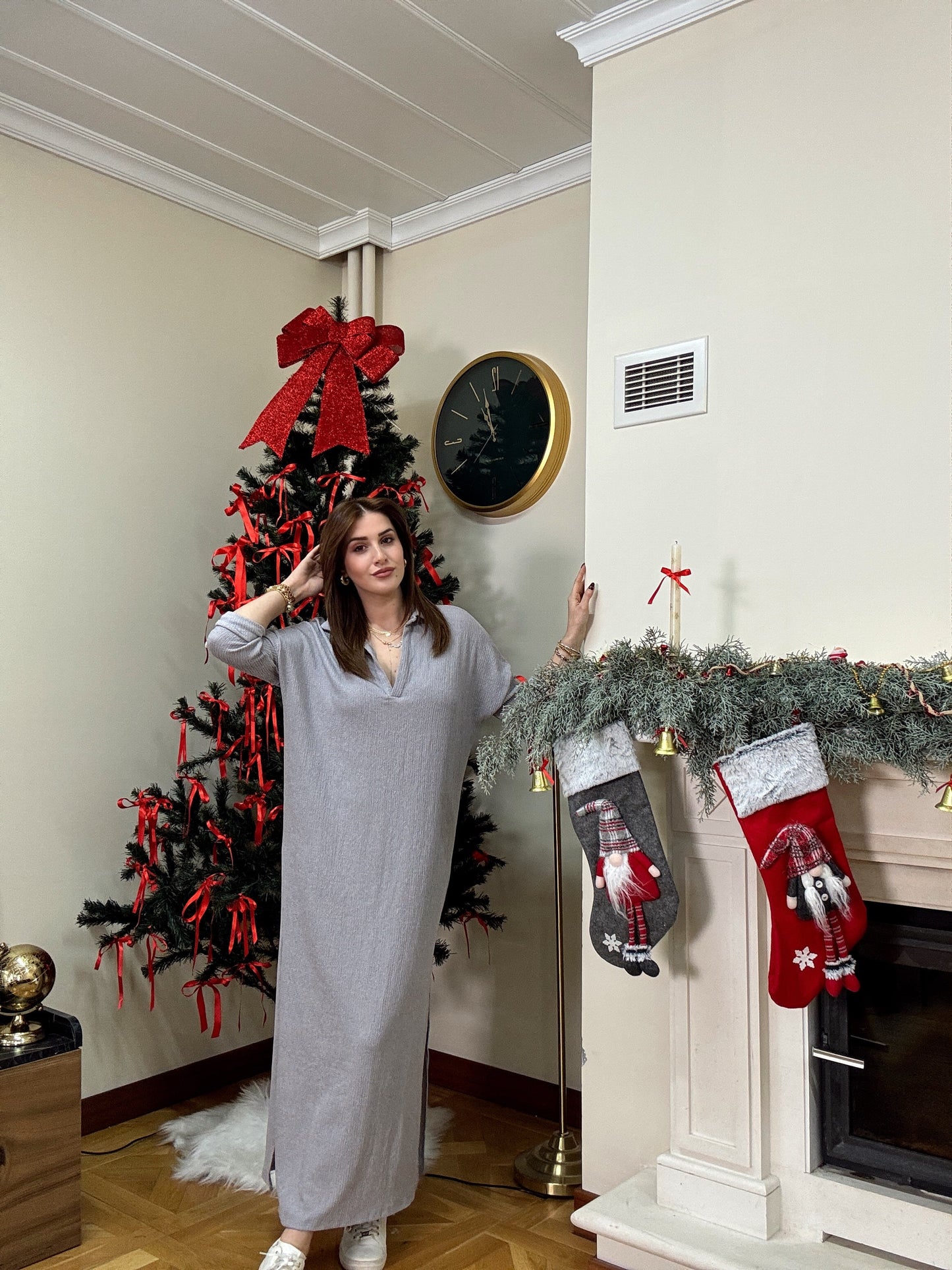 Polo yaka çift yıtmaç elbise-GRİ