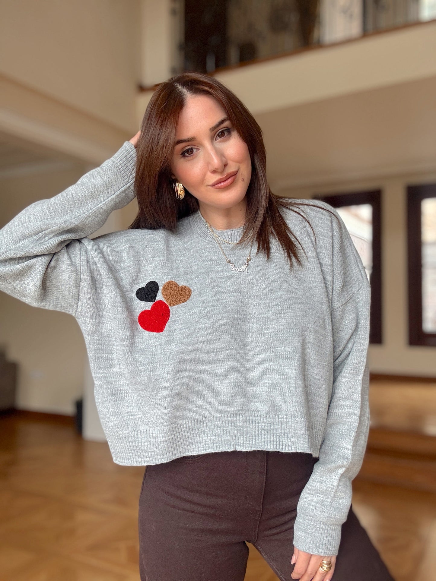 Üç Kalp Nakışlı Kazak GRİ