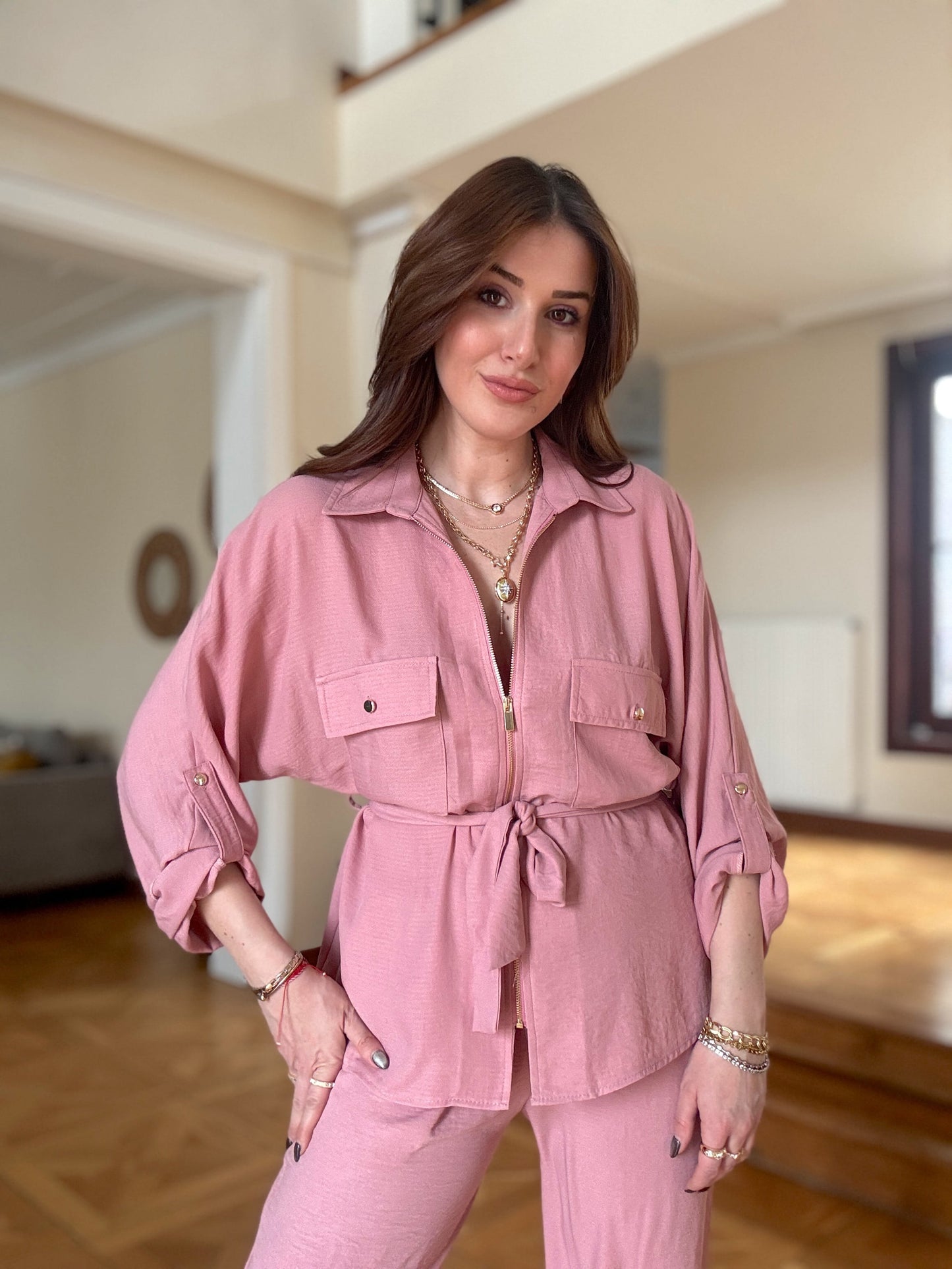 Tensel kumaş Gold Fermuarlı Kuşaklı Takım-Pudra