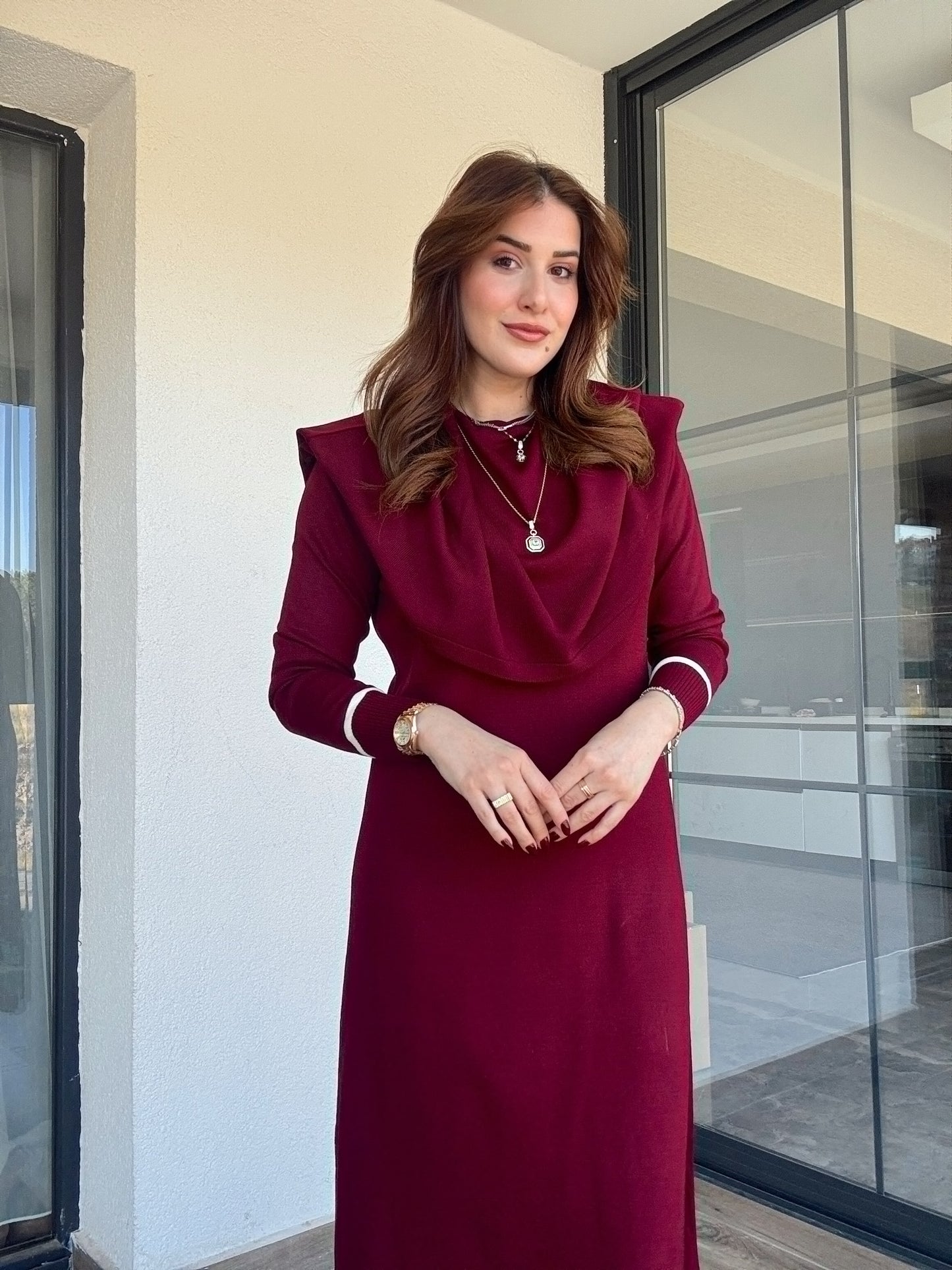 Çizgili pelerinli elbise-BORDO