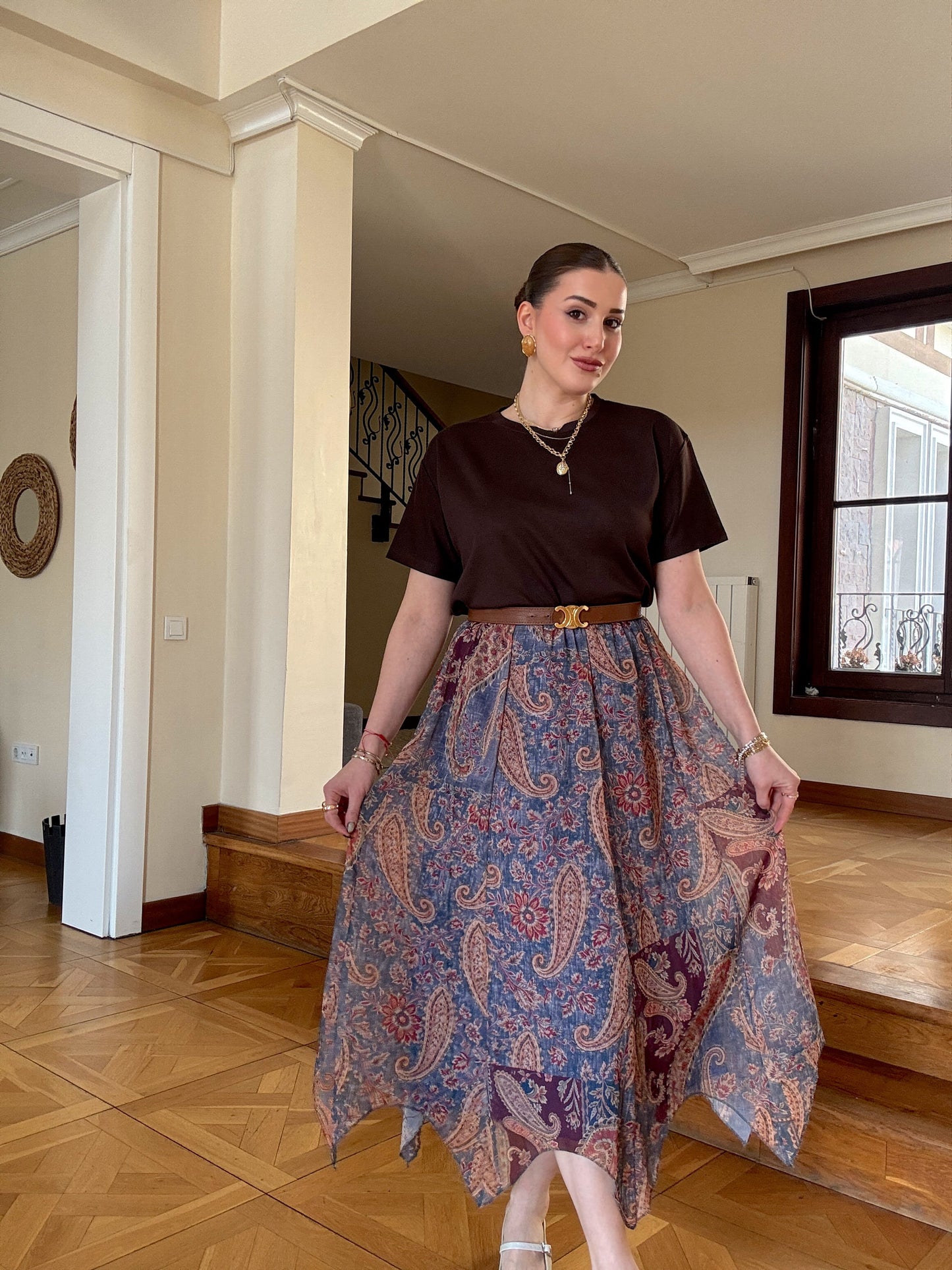 Asimetrik kesim vintage desenli şifon etek MAVİ