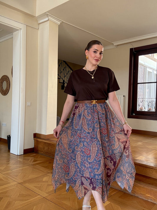 Asimetrik kesim vintage desenli şifon etek MAVİ