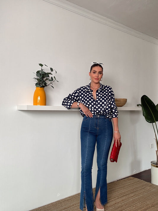 Extra Yüksek Bel Paça Yırtmaçlı likralı jean Mavi