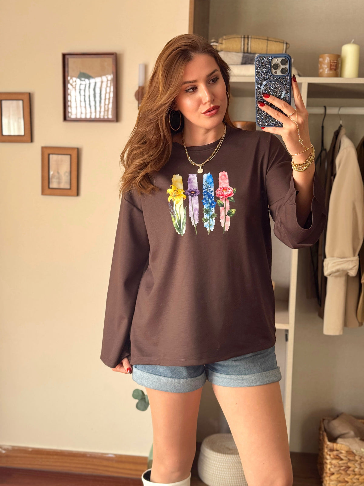 Çiçek desenli modal sweat Kahve