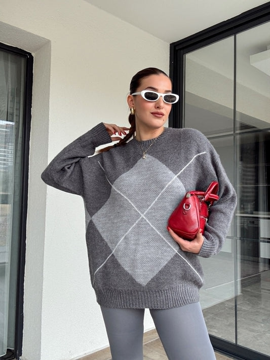 Klasik baklava desenli kazak GRİ