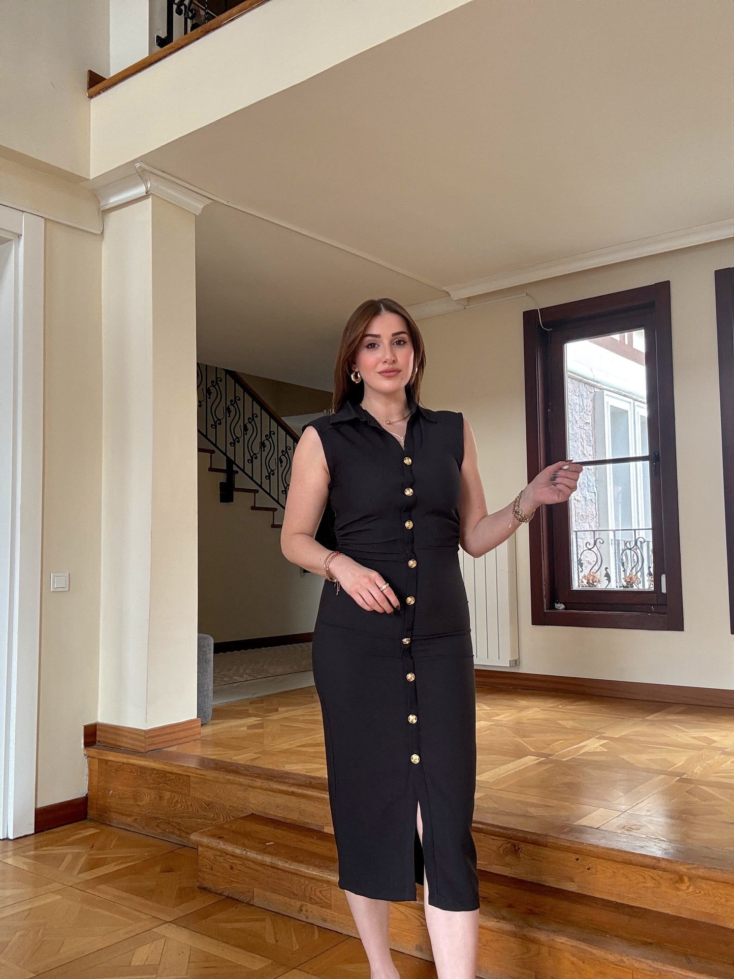 Gömlek yaka elbise Siyah