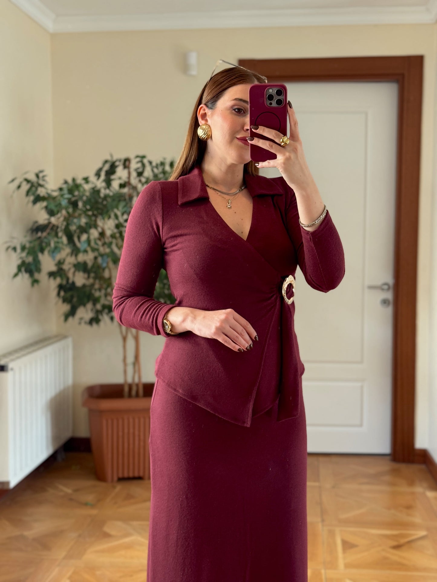 Kruvaze yaka gold tokalı selanik takım -BORDO