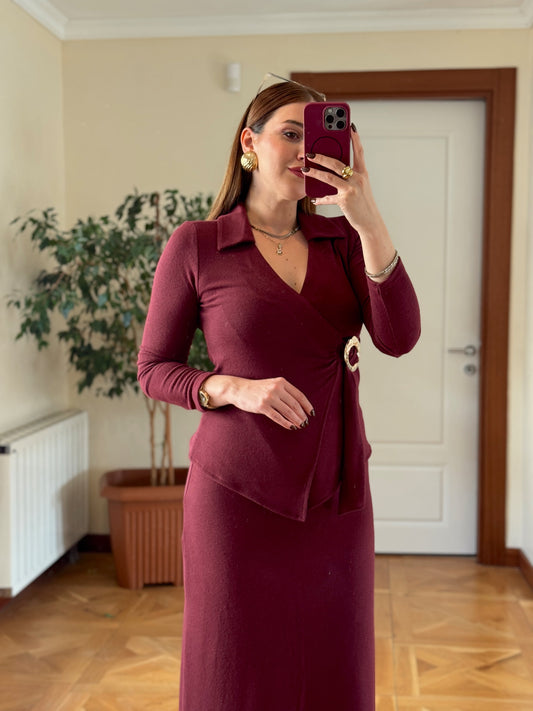 Kruvaze yaka gold tokalı selanik takım -BORDO