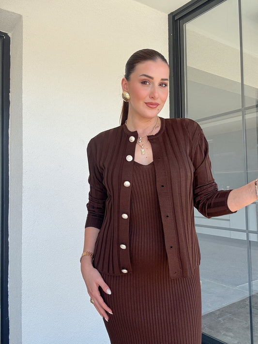 Fitilli Düğmeli Triko Takım Kahve