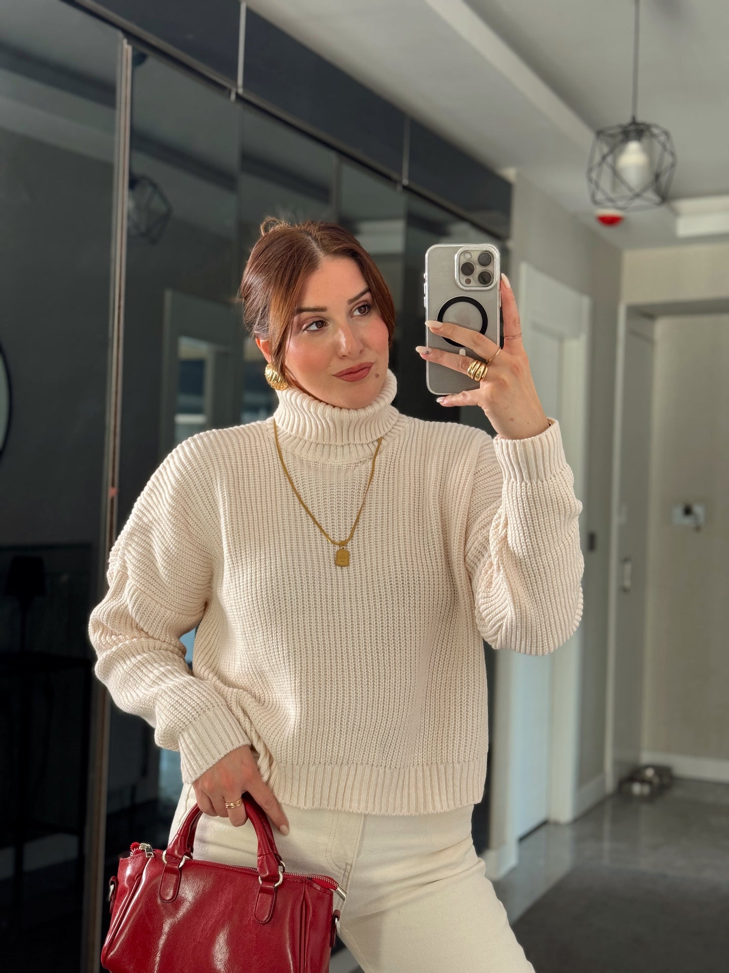 Balıkçı Yaka Selanik Örgü Kazak LATTE