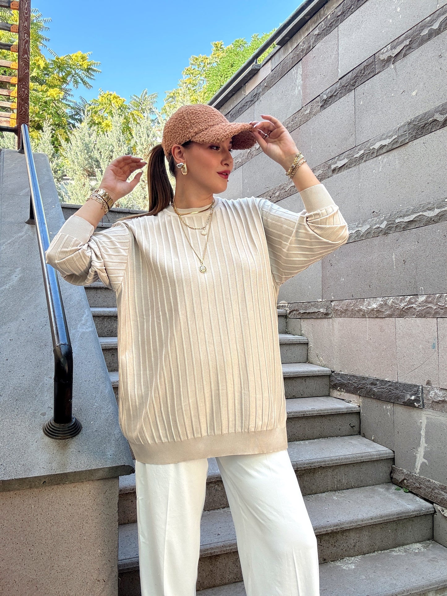 Şerit detaylı oversize premium kazak Taş