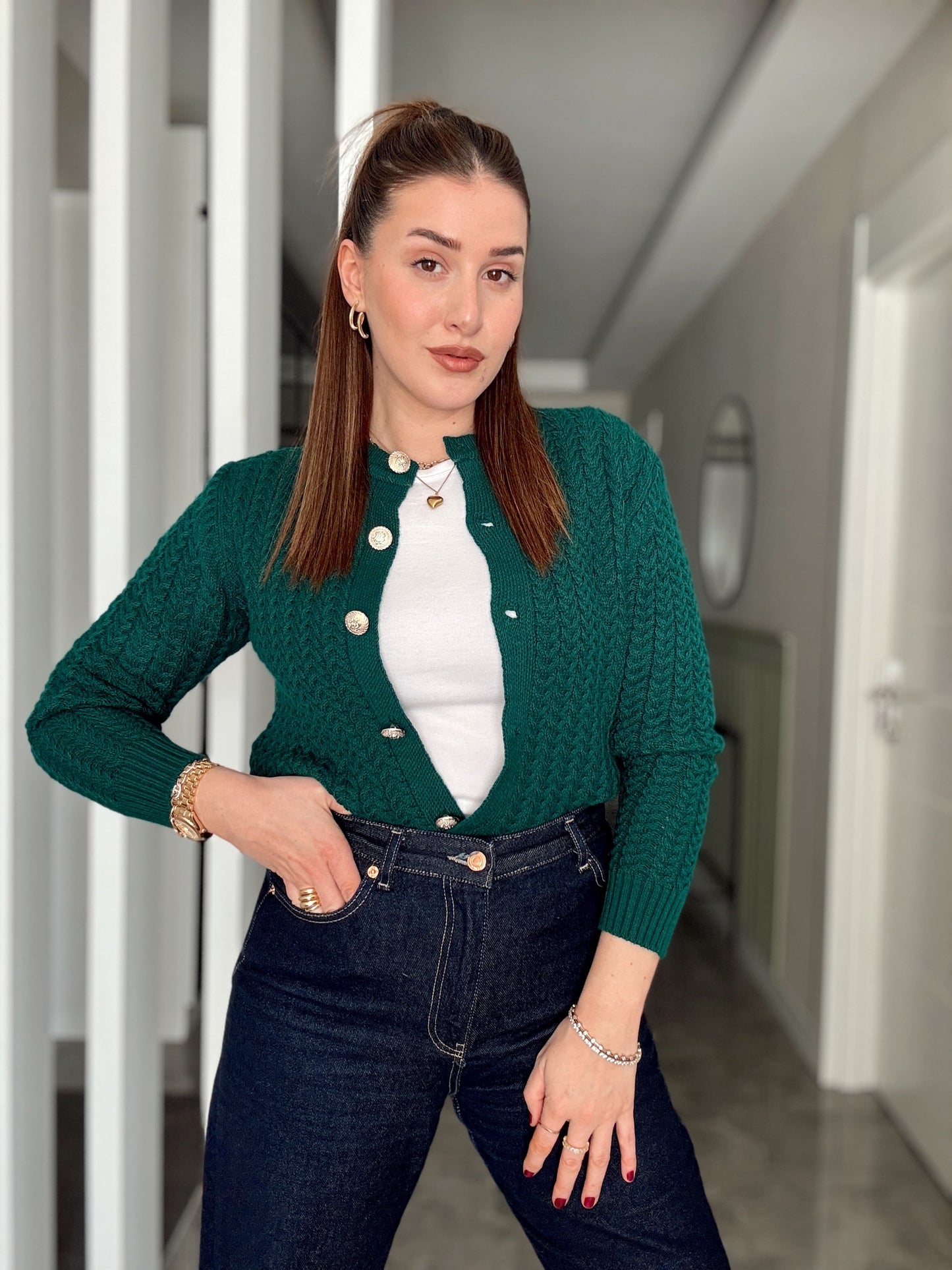 Örgülü Gold Düğme Hırka - ZÜMRÜT