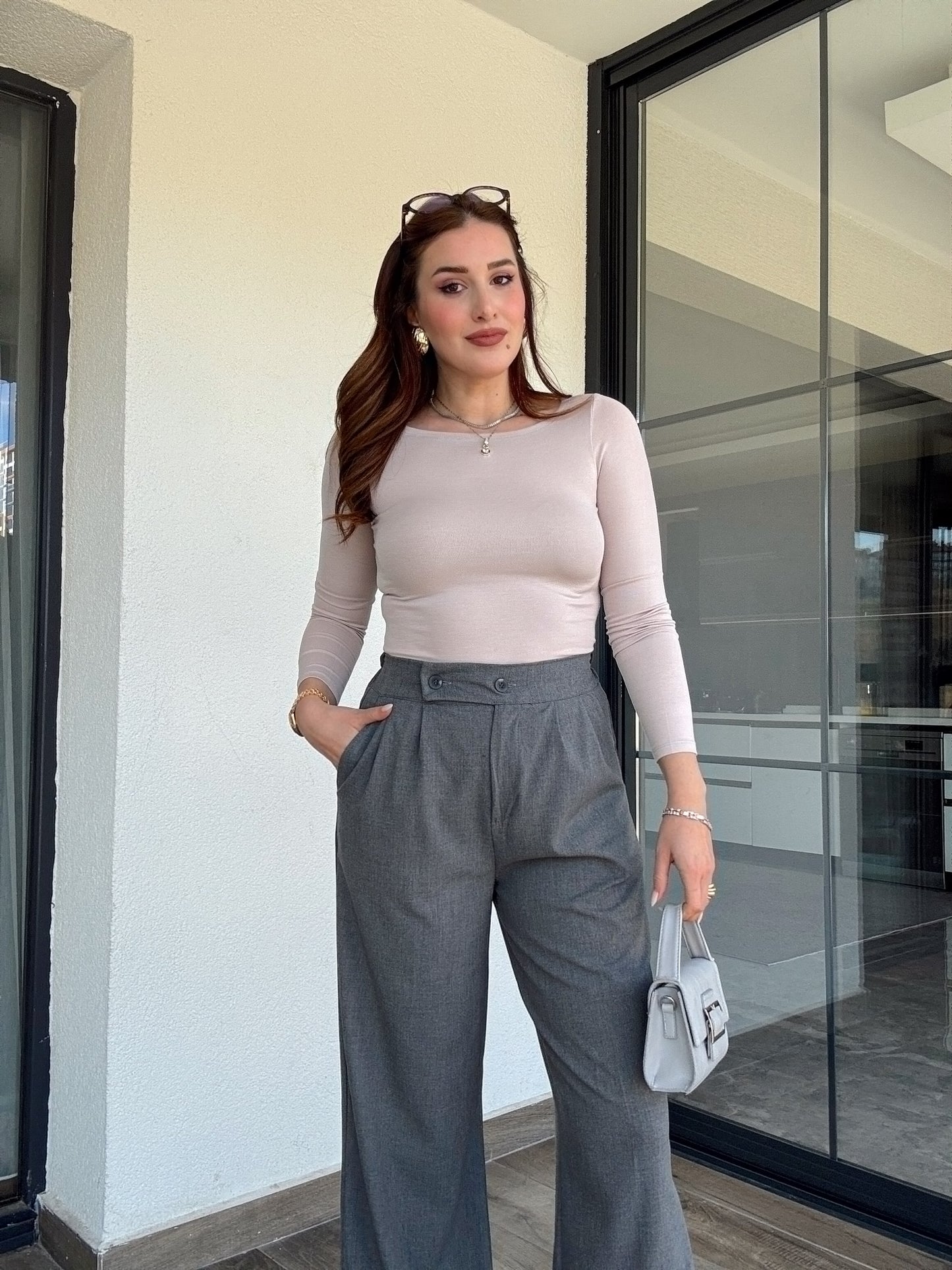 Çift düğme palazzo pantolon-GRİ