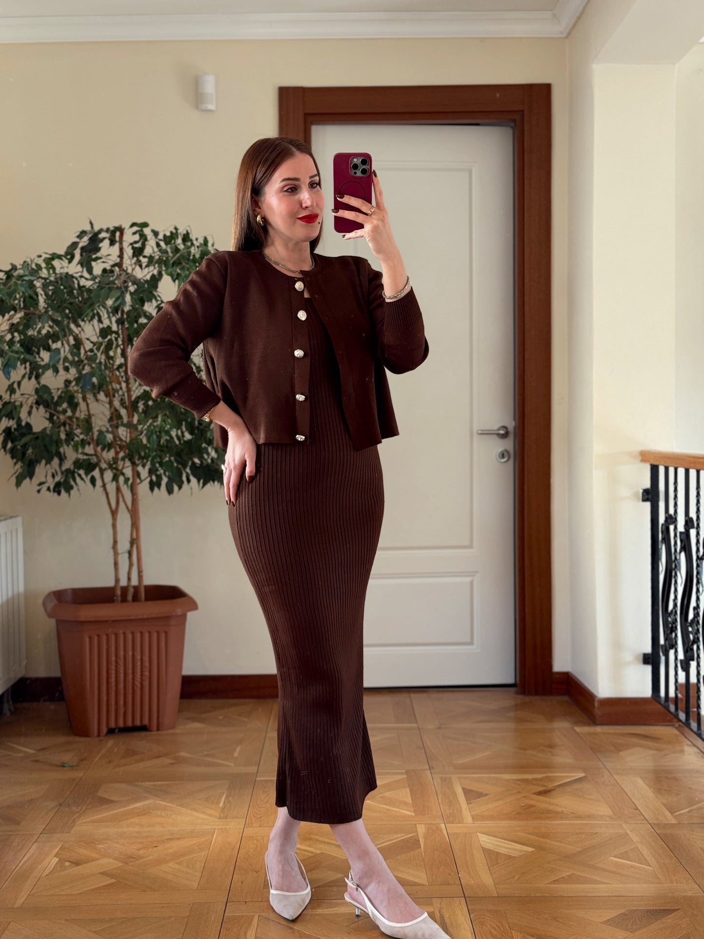 Ceketli Elbiseli Triko Takım - KAHVERENGİ