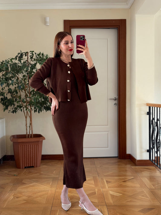 Ceketli Elbiseli Triko Takım - KAHVERENGİ
