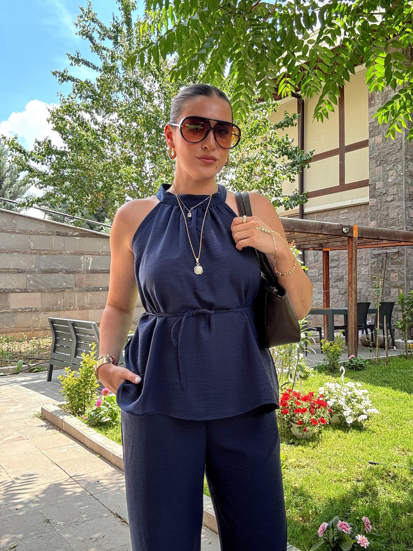 Boyun detaylı keten takım Lacivert