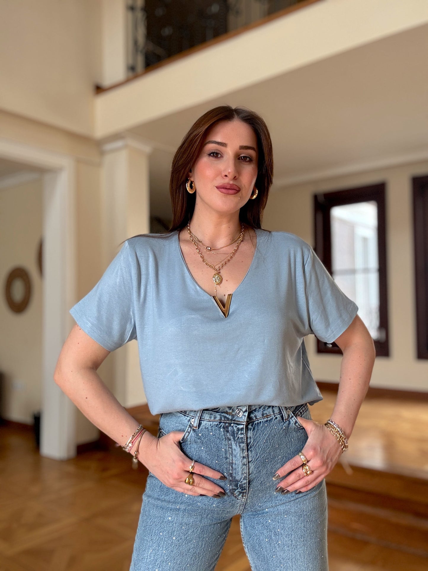 Modal Aksesuarlı Bluz Mavi